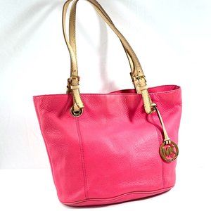 Michael Kors Hot Pink Pebble Leather Small tote beige adjustable handles gold